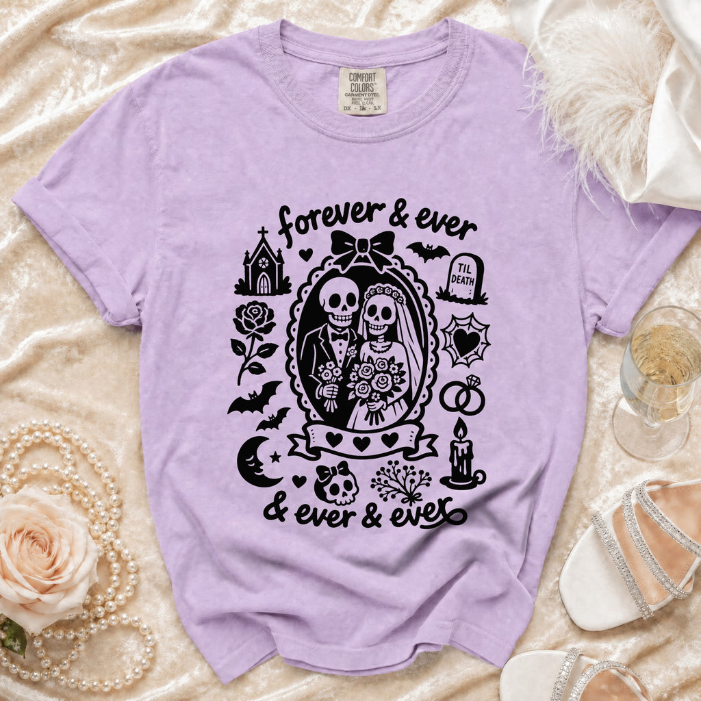 Purple t-shirt with skeleton bride and groom graphic wearing "forever & ever" text.