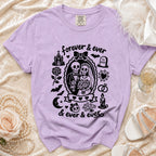 Purple t-shirt with skeleton bride and groom graphic wearing "forever & ever" text.