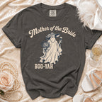 Mother of the Bride ghost wearing a hat, holding flowers and wine, with "Boo-Yah" text.