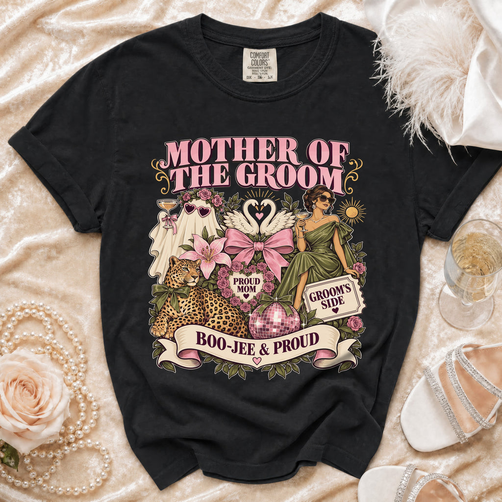 Black t-shirt with "Mother of the Groom" design, including leopard and disco ball.