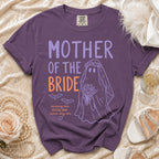 Purple t-shirt with "Mother of the Bride" text and ghost graphic.