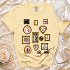 Yellow t-shirt with framed Halloween and wedding graphics including a ghost bride and skeleton.