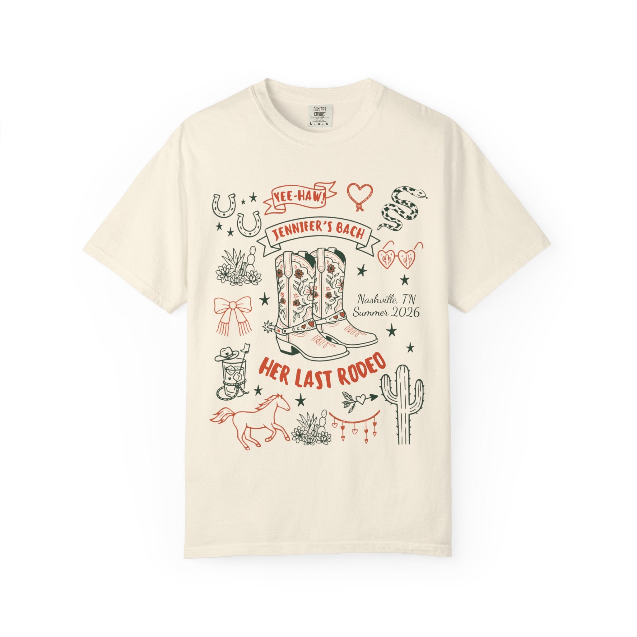 Cream t-shirt with "Jennifer's Bach Her Last Rodeo" Nashville TN Summer 2026 design.