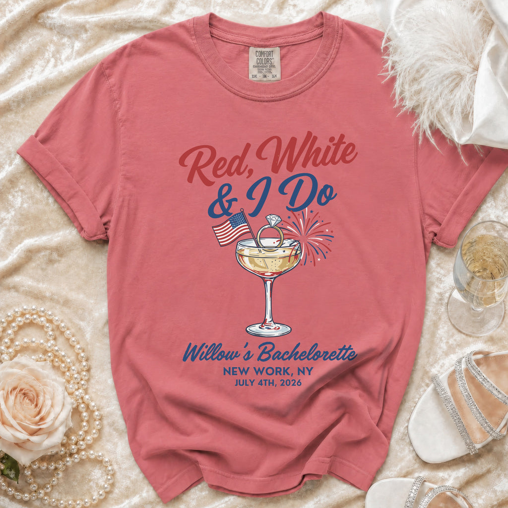 Red, White & I Do bachelorette t-shirt with champagne and fireworks.