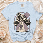 Light blue t-shirt with a ghost bride graphic saying "Boo, I Do".