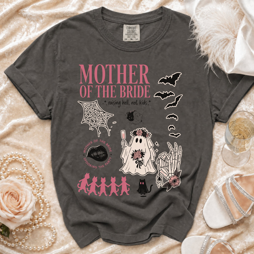 Dark gray t-shirt with "MOTHER OF THE BRIDE" and spooky graphics.