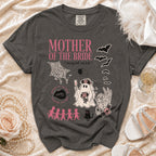 Dark gray t-shirt with "MOTHER OF THE BRIDE" and spooky graphics.
