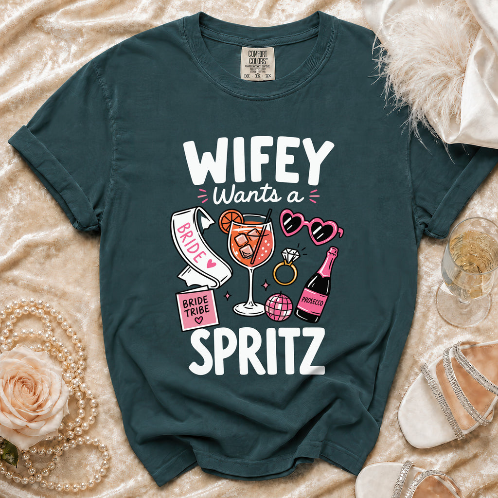 Dark green t-shirt with "Wifey Wants a Spritz" and bride-themed graphics.