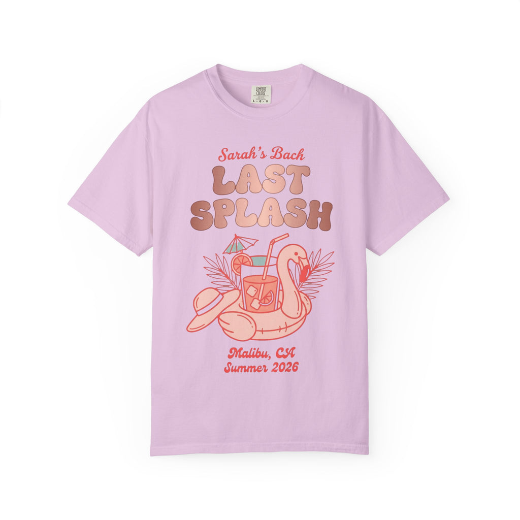 Pink t-shirt with "Sarah's Last Splash" and a tropical drink with a flamingo float.