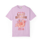 Pink t-shirt with "Sarah's Last Splash" and a tropical drink with a flamingo float.