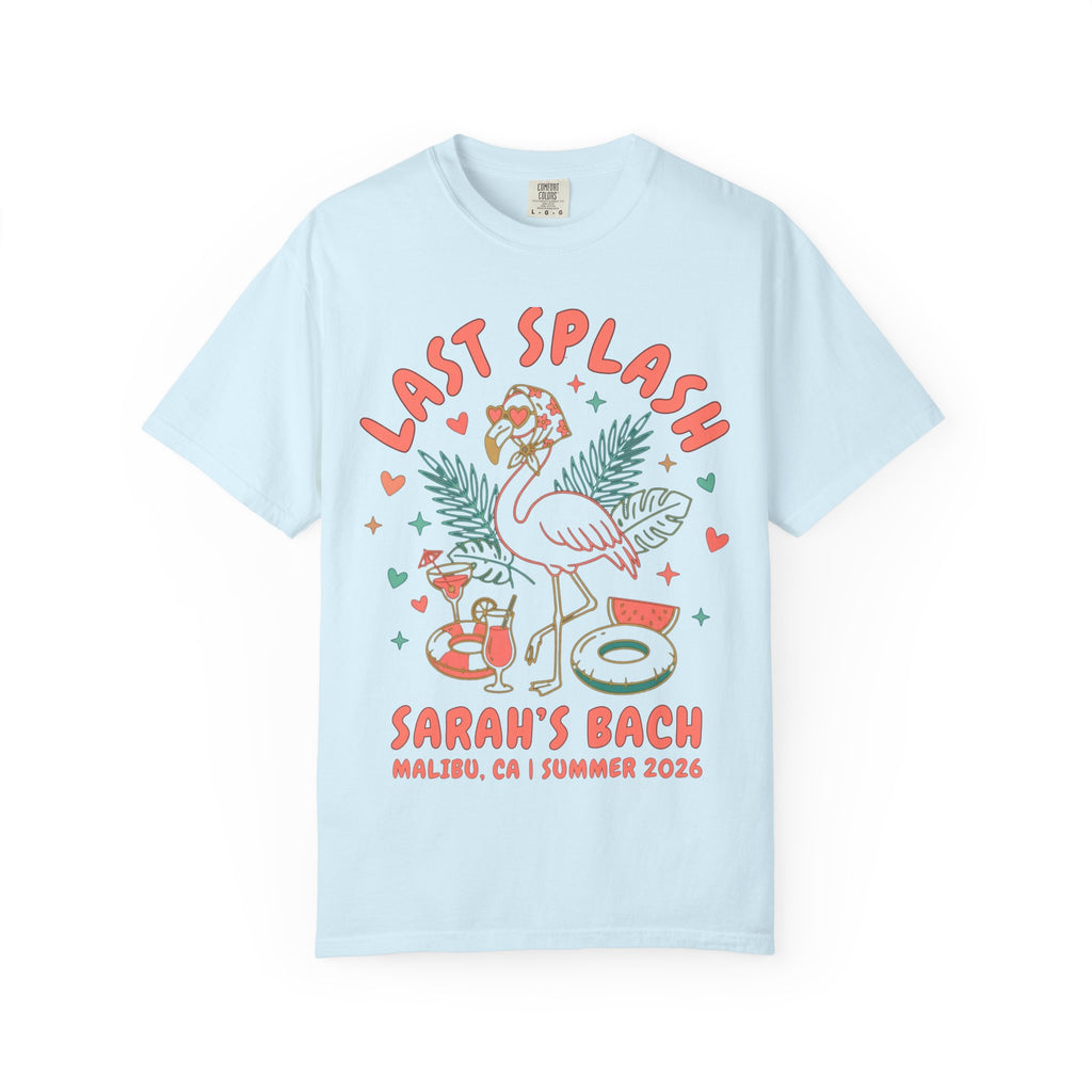 Light blue t-shirt with "Last Splash" flamingo, tropical leaves, and watermelon cocktail graphics.