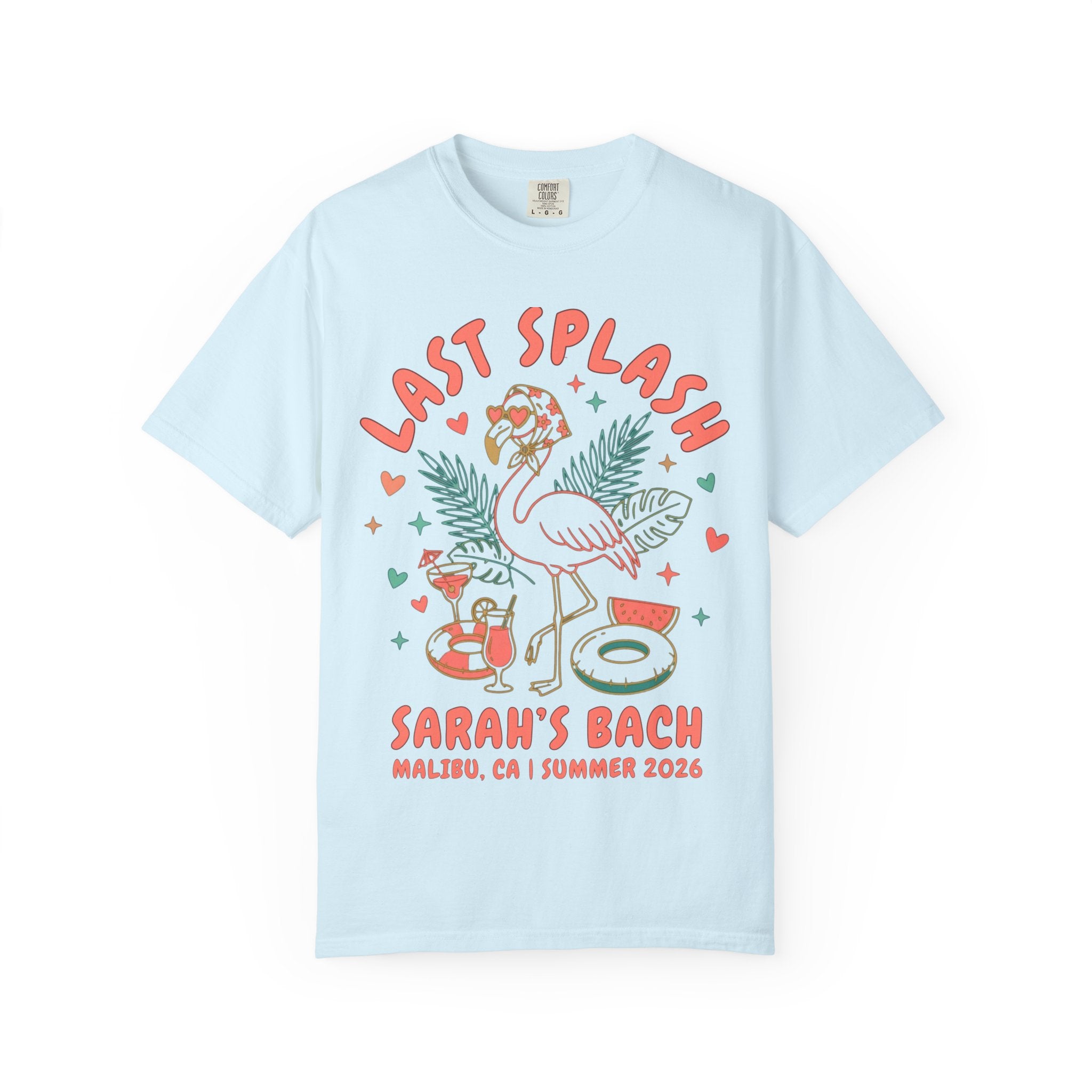 Light blue t-shirt with "Last Splash" flamingo, tropical leaves, and watermelon cocktail graphics.
