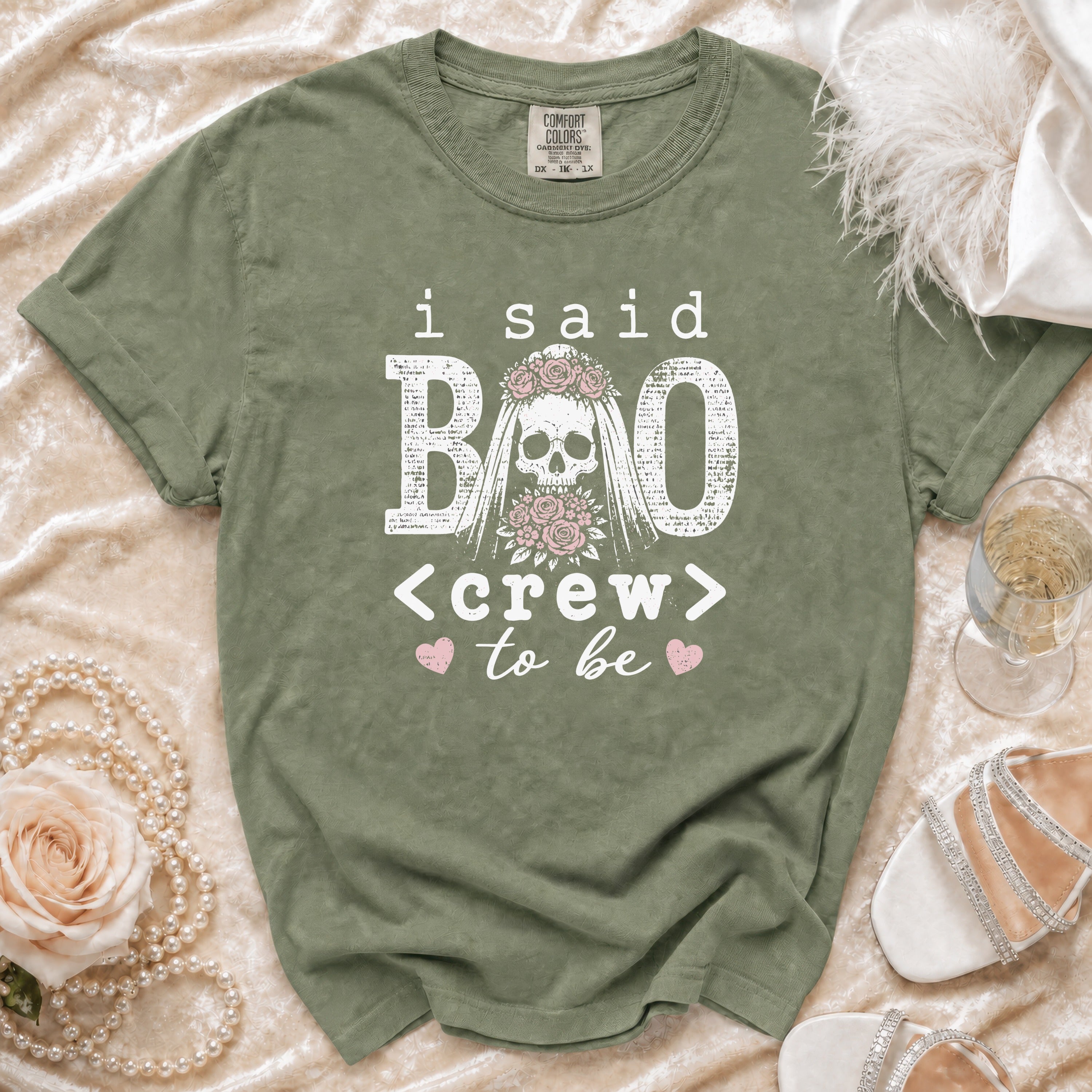 Olive green t-shirt with "I Said BOO <crew> to be" graphic featuring a skull bride.
