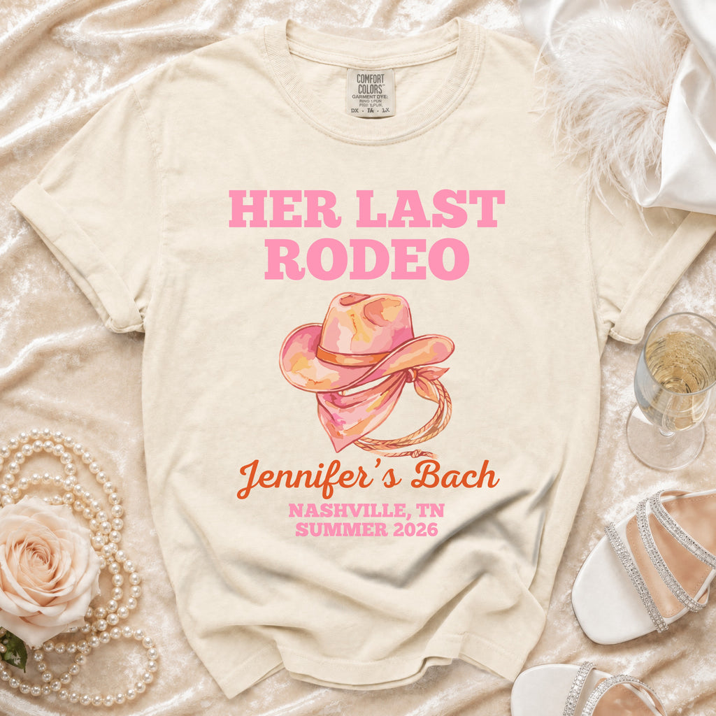 Pink cowboy hat and bandana graphic with text "Her Last Rodeo Jennifer's Bach Nashville, TN Summer 2026".