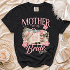 Black t-shirt with "Mother of the Bride I Do Too" and vacation-themed graphic.