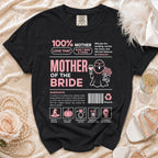 Black t-shirt with "Mother of the Bride" design and humorous ingredients.
