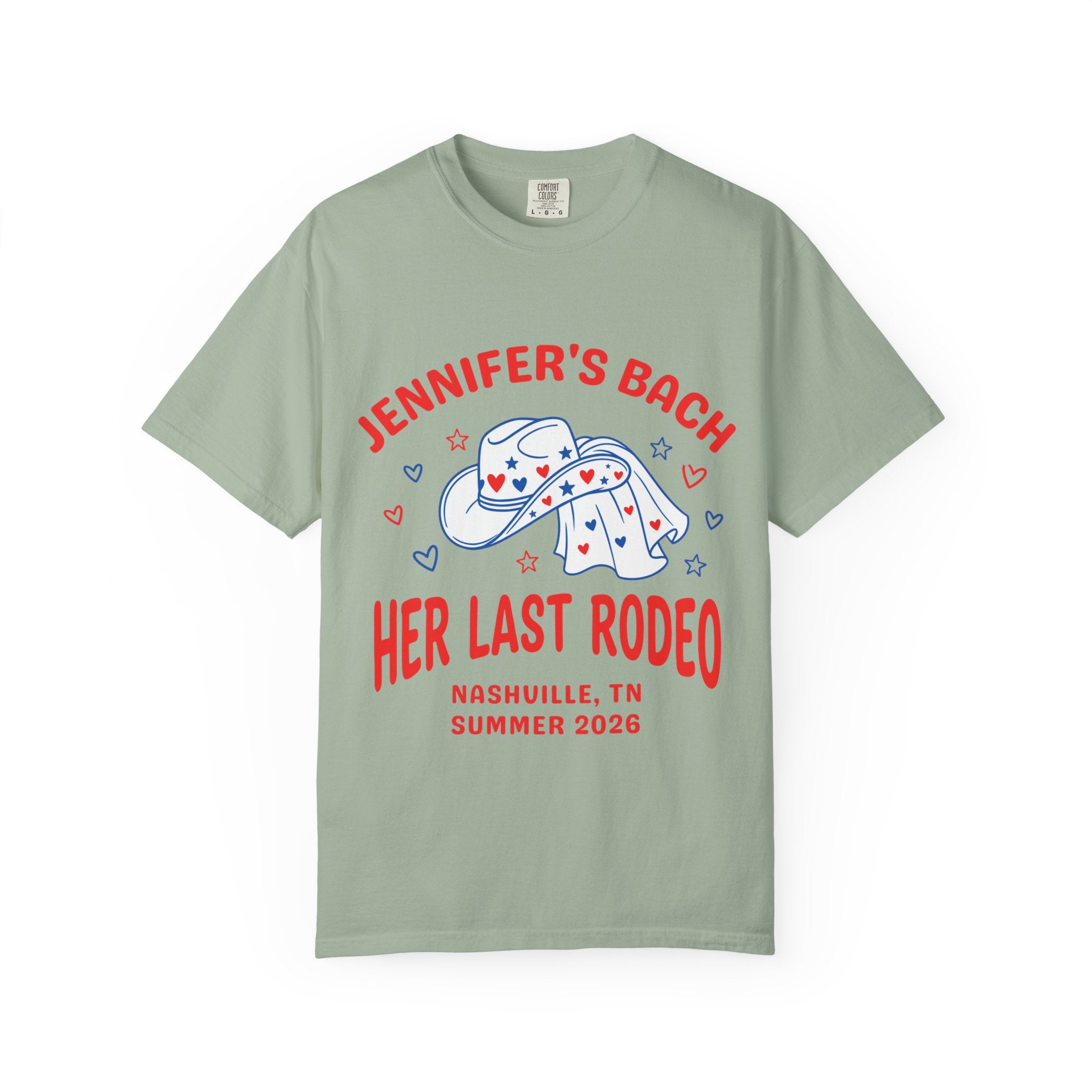 "Jennifer's Bach Her Last Rodeo" t-shirt with stars, hearts, and cowboy hat graphic.