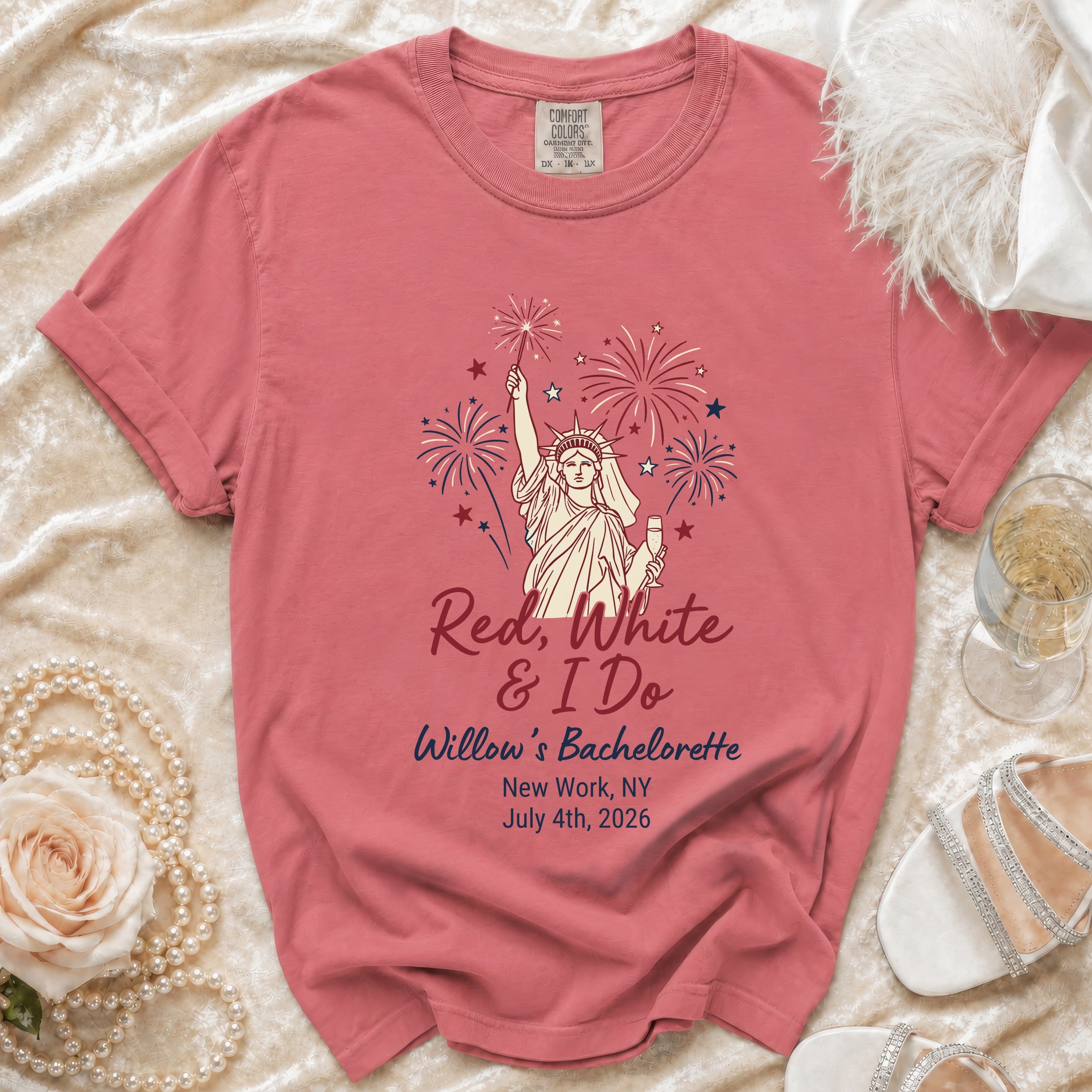 Red, White & I Do Willow's Bachelorette shirt with fireworks.