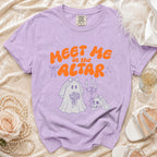 Lavender t-shirt with "Meet me at the altar" text, ghost bride, and skull.