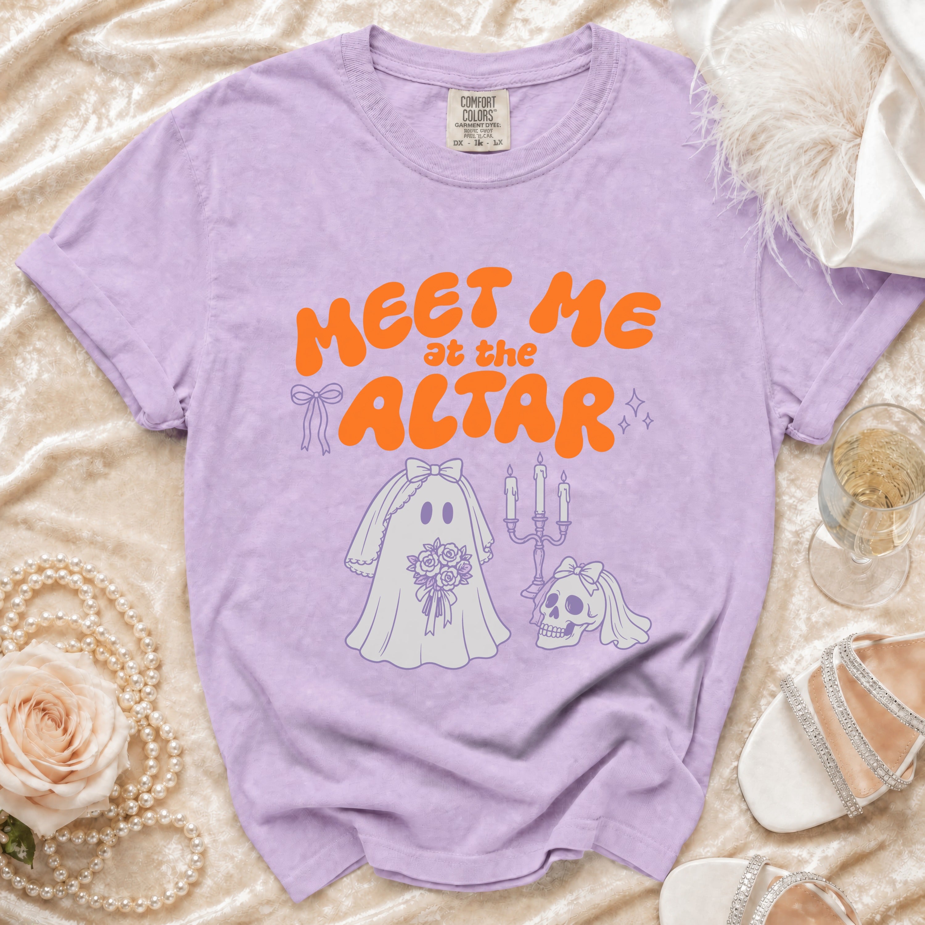 Lavender t-shirt with "Meet me at the altar" text, ghost bride, and skull.