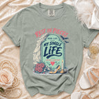 Grey t-shirt with "Rest in Pieces" and "My Single Life" tombstone graphic.
