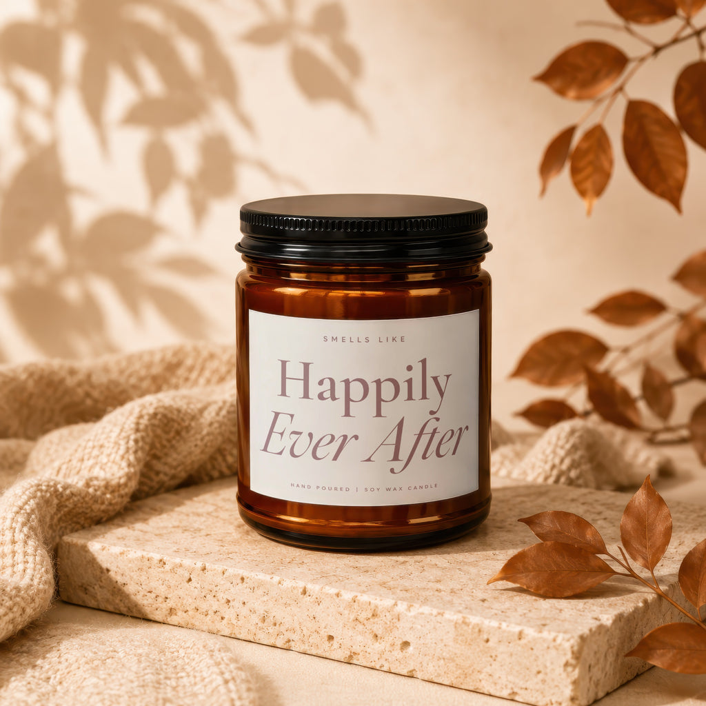Amber jar candle labeled "Happily Ever After" and "Hand Poured Soy Wax Candle".
