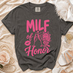 Gray t-shirt with pink "MILF of Honor" text, lips, and champagne glasses design.