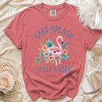 Coral t-shirt with "Last Splash Sarah's Bach Malibu CA Summer 2026" text and flamingo graphic.