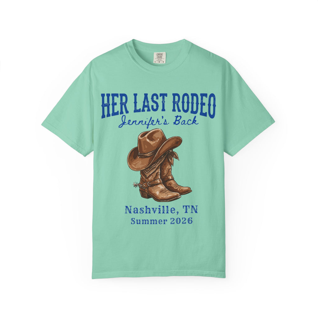 Mint green t-shirt with "Her Last Rodeo" and cowboy boots graphic.