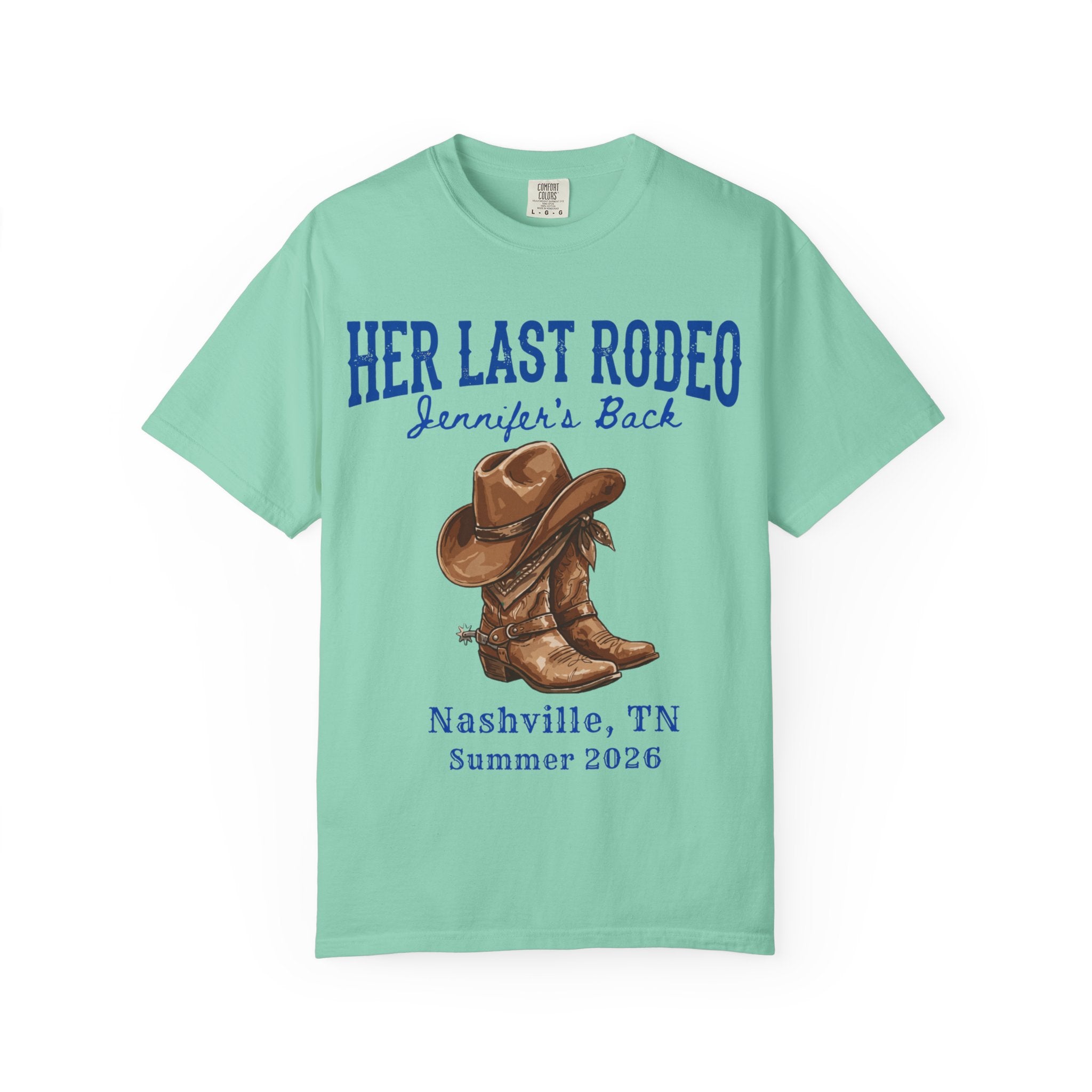 Mint green t-shirt with "Her Last Rodeo" and cowboy boots graphic.