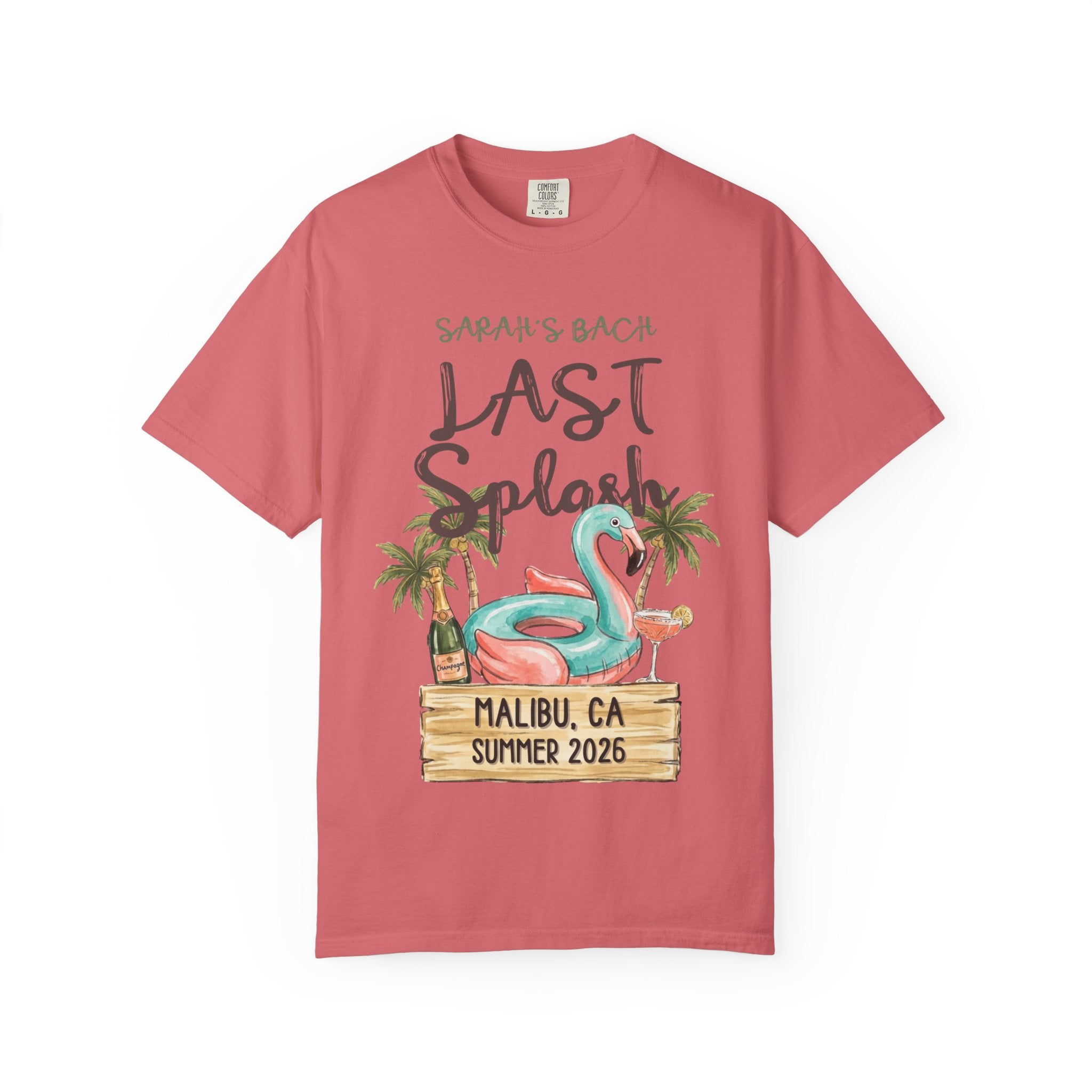 Sarah's Bach Last Splash design on a coral t-shirt.