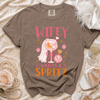 Brown t-shirt with "Wifey Wants A Spritz" graphic featuring a cocktail and disco balls.