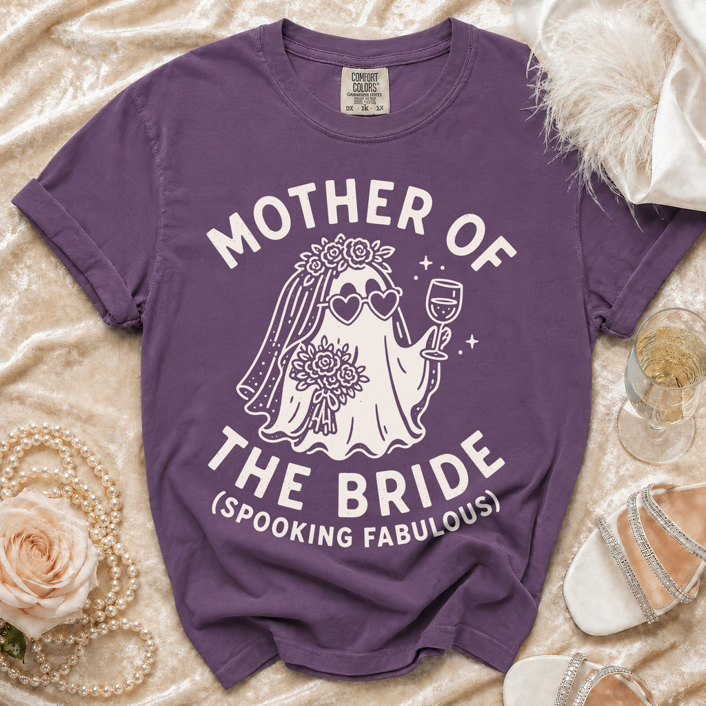 Purple t-shirt with "Mother of the Bride (Spooking Fabulous)" ghost graphic.