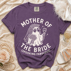 Purple t-shirt with "Mother of the Bride (Spooking Fabulous)" ghost graphic.