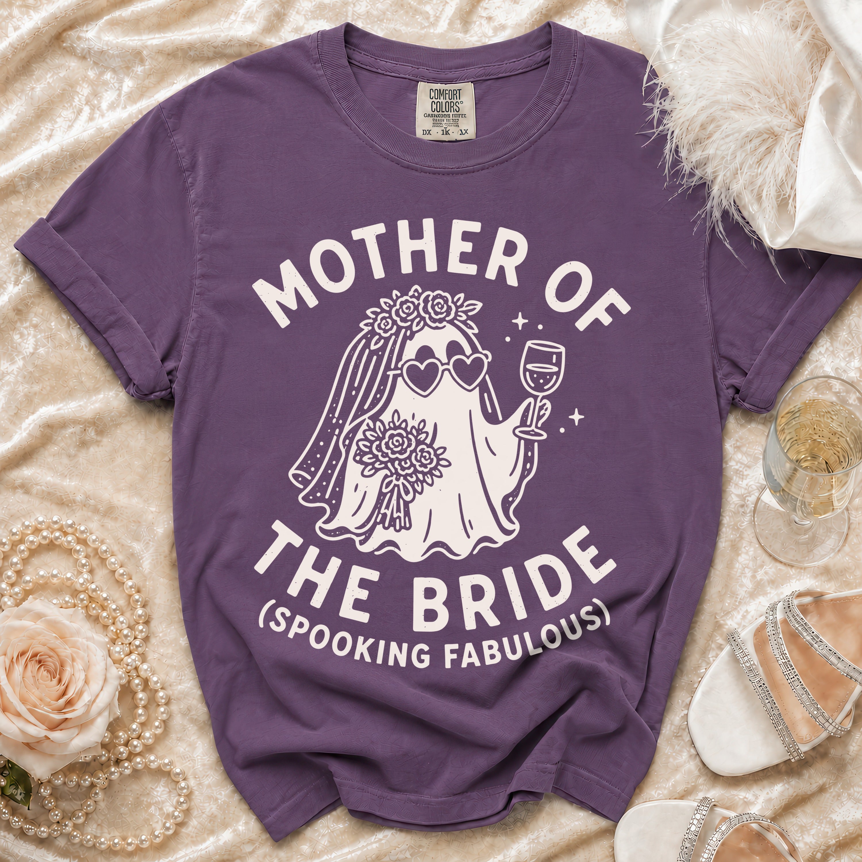Purple t-shirt with "Mother of the Bride (Spooking Fabulous)" ghost graphic.
