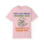 Pink t-shirt with "Her Last Rodeo Jennifer's Bach Nashville, TN Summer 2026" and cowboy boots.
