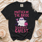 Black t-shirt with "Mother of the Bride Scariest Guest" text and ghost graphic.