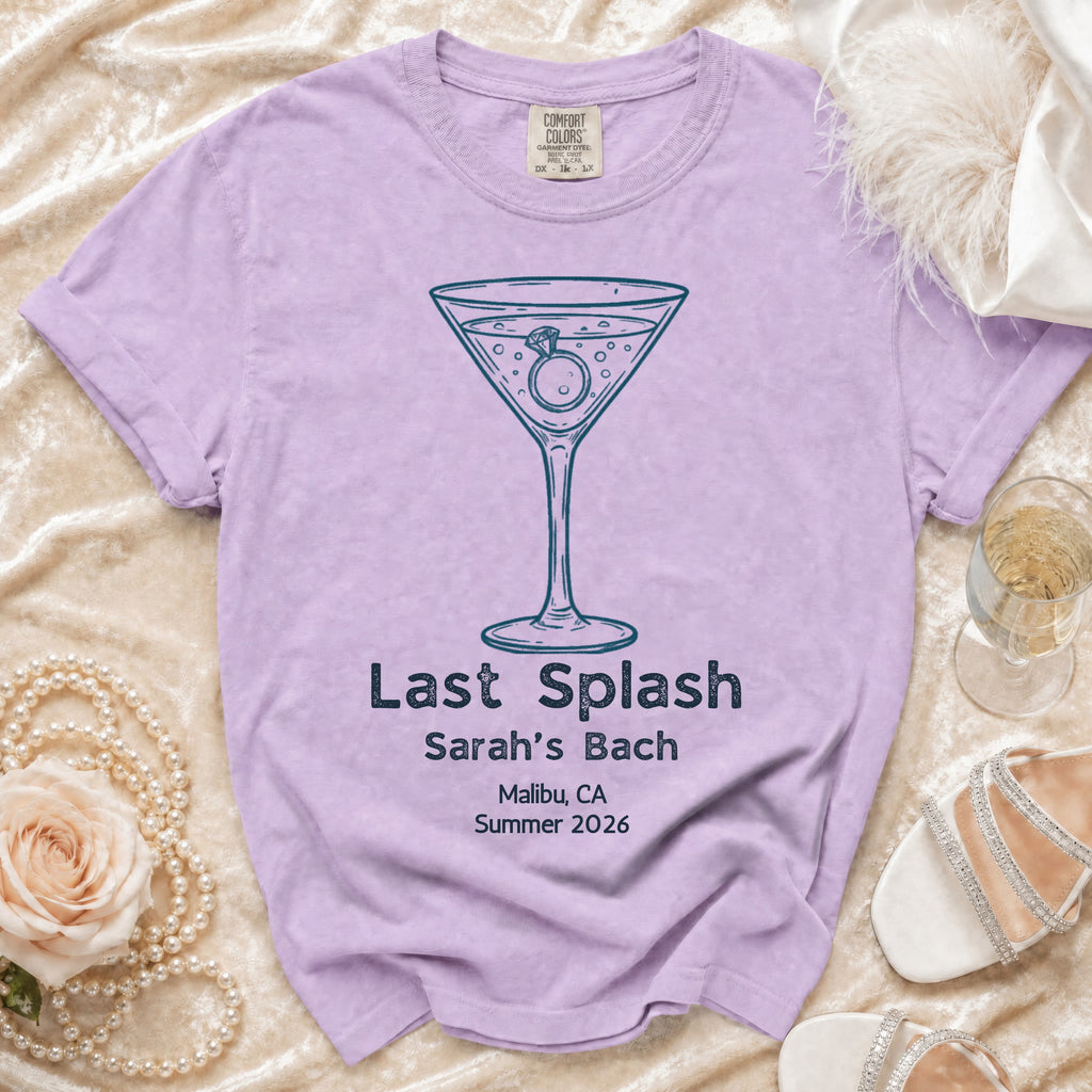 T-shirt with martini glass, ring, and "Last Splash Sarah's Bach Malibu CA Summer 2026".