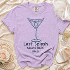 T-shirt with martini glass, ring, and "Last Splash Sarah's Bach Malibu CA Summer 2026".