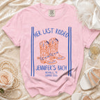 Pink t-shirt with "Her Last Rodeo" and "Jennifer's Bach" in blue text.