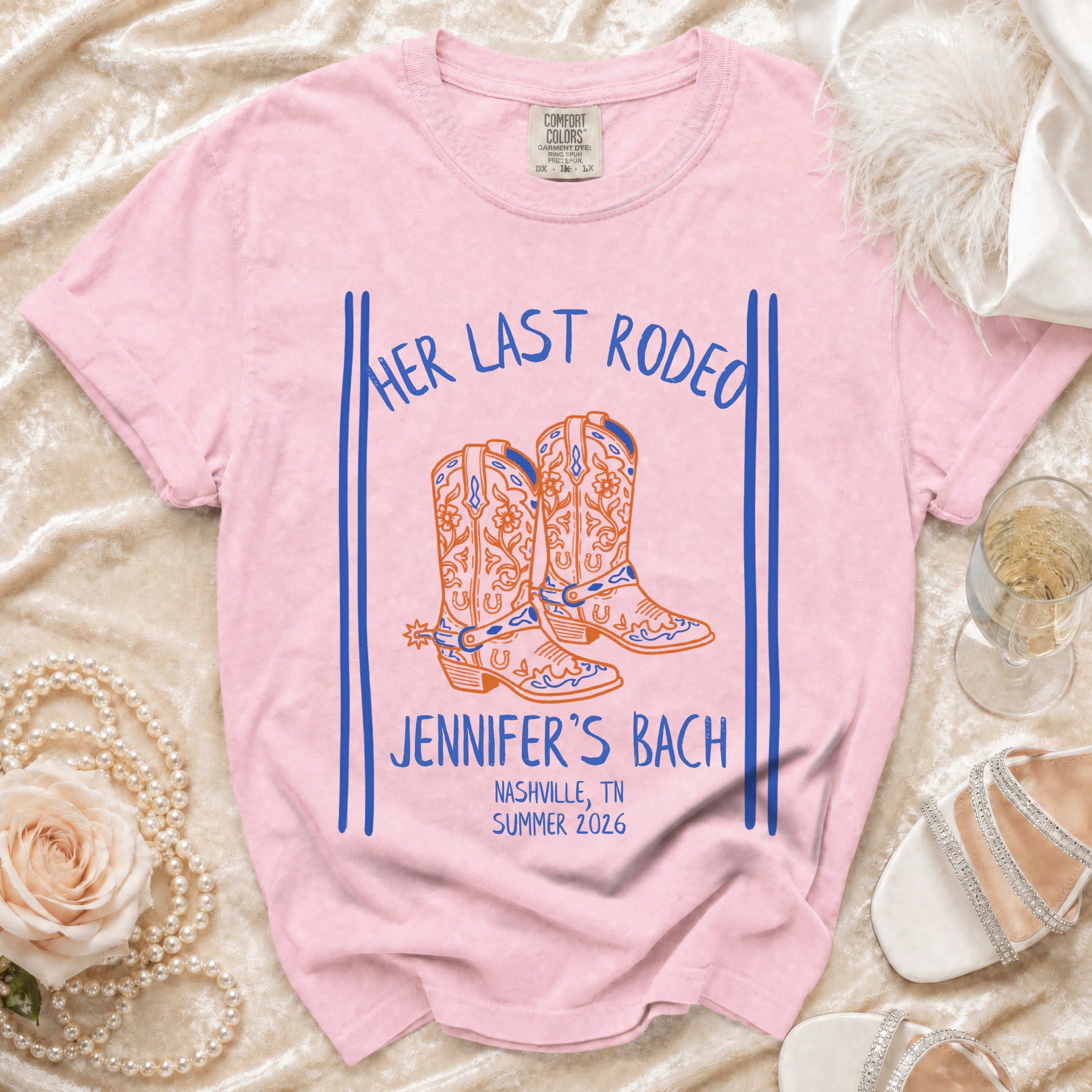 Pink t-shirt with "Her Last Rodeo" and "Jennifer's Bach" in blue text.
