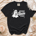 Black t-shirt with a white ghost bride graphic and "Spooky Bride Vibes" text.