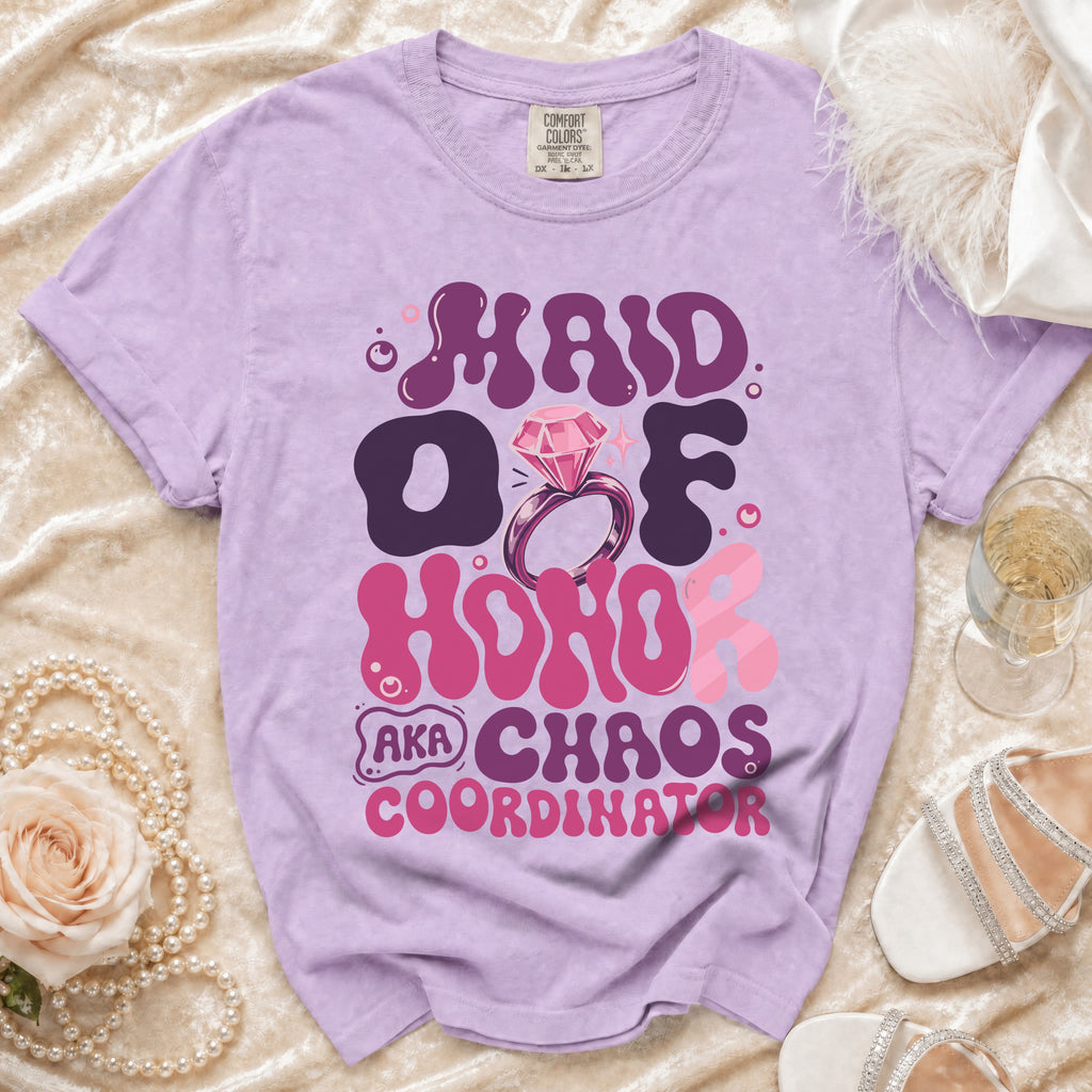 Maid of Honor AKA Chaos Coordinator text on lavender t-shirt with ring graphic.