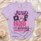 Maid of Honor AKA Chaos Coordinator text on lavender t-shirt with ring graphic.