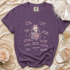 Purple t-shirt with skeleton bride graphic and Halloween wedding text.