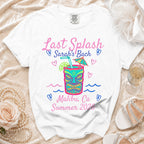 White t-shirt with "Last Splash Sarah's Bach Malibu, Ca Summer 2026" text.
