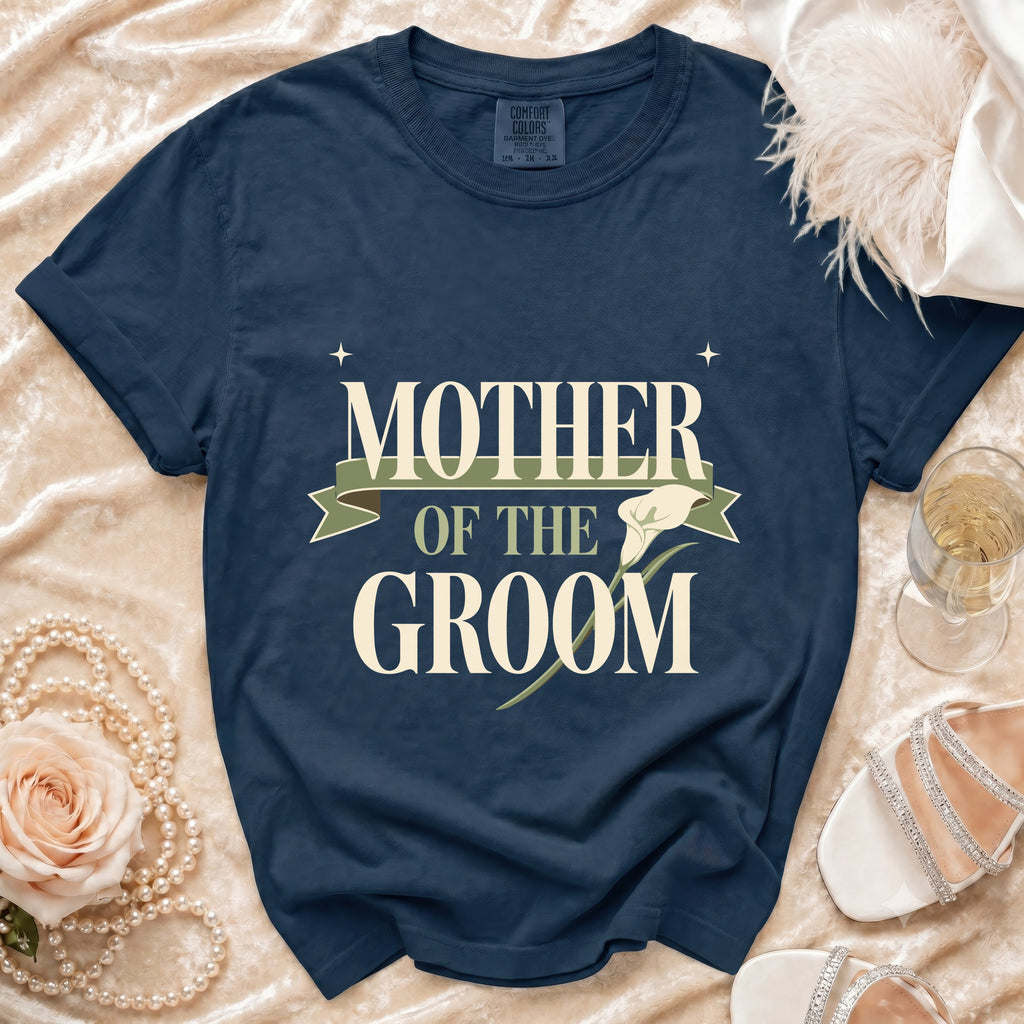 Navy t-shirt with "Mother of the Groom" text and floral accent.