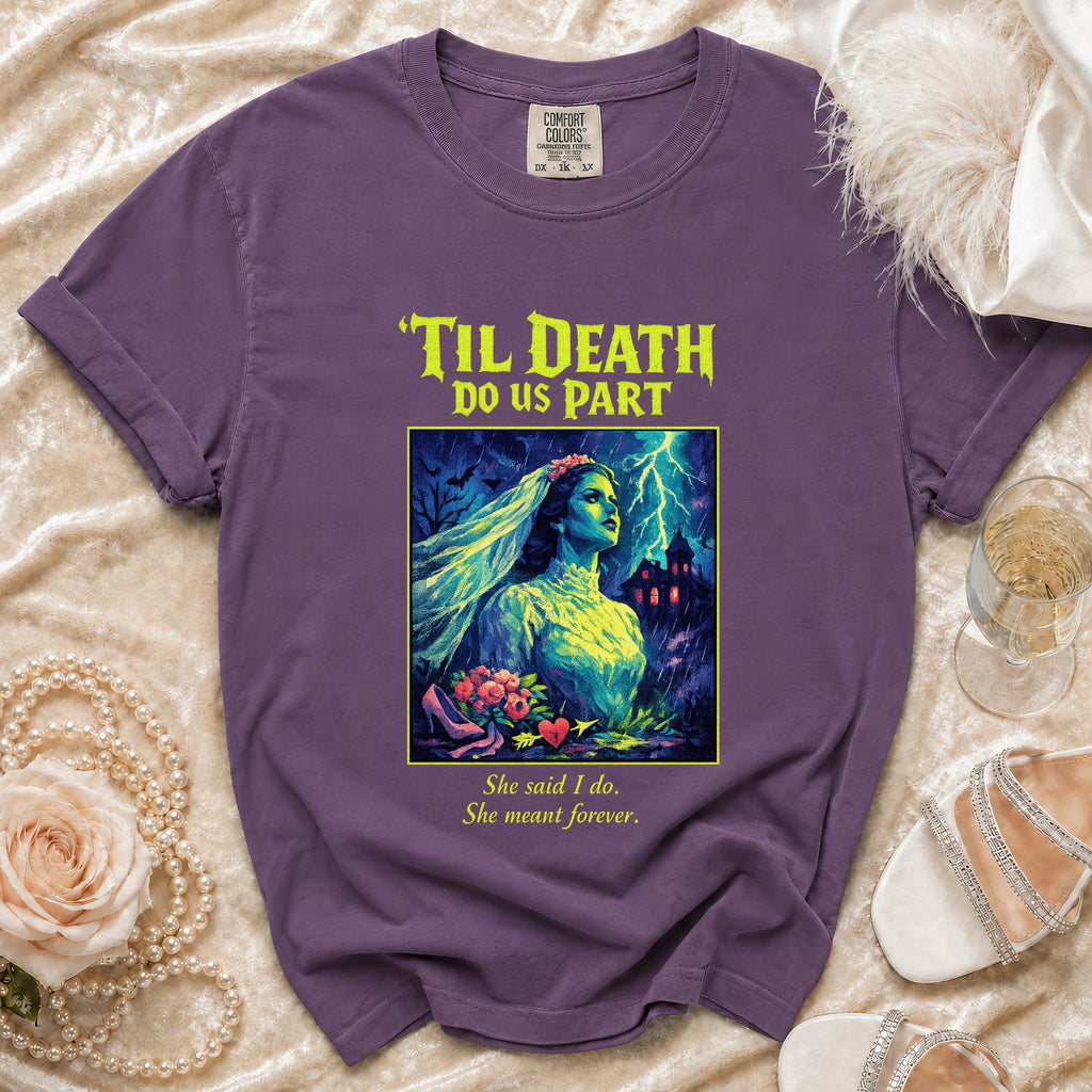 Purple t-shirt with " 'Til Death Do Us Part" graphic of a bride and spooky castle.