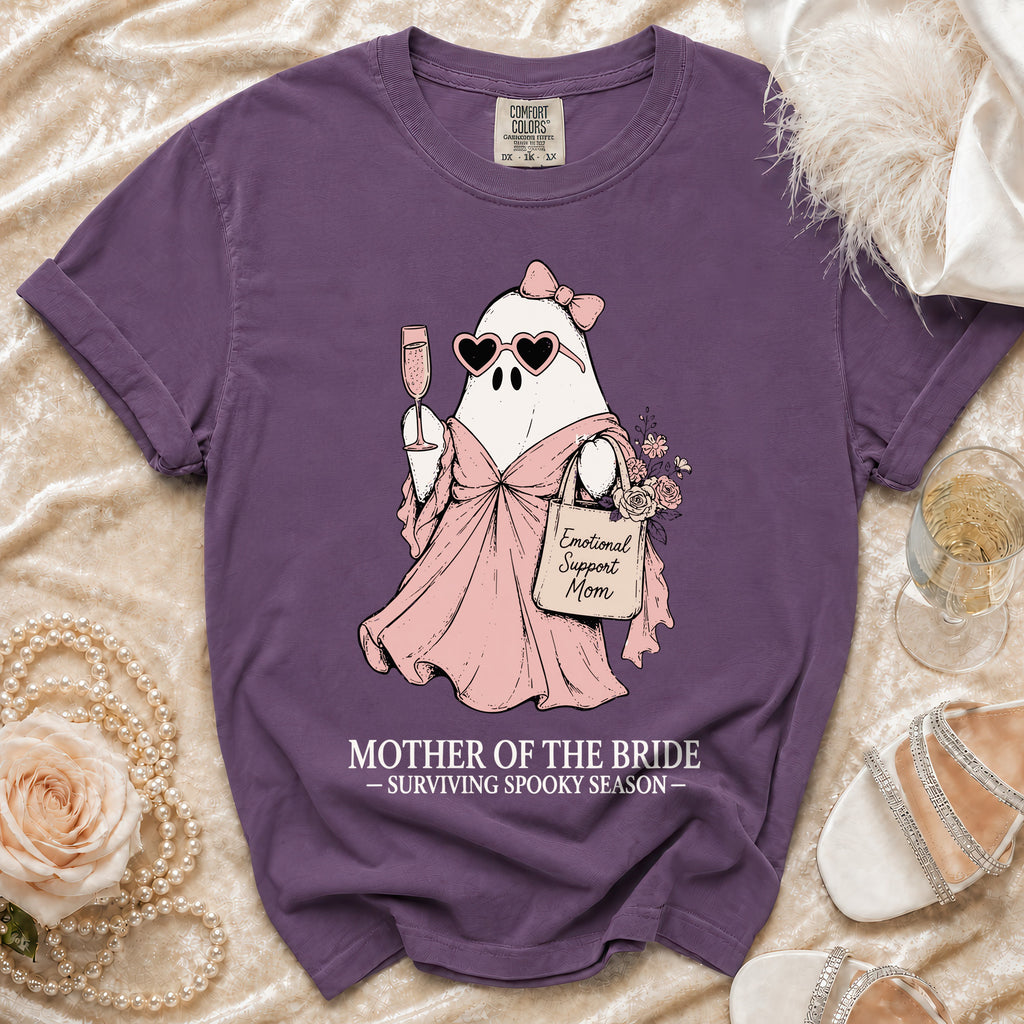Purple t-shirt with a ghost graphic, "Emotional Support Mom" and "Mother of the Bride" text.