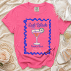 Pink t-shirt with "Last Splash Sarah's Bach Malibu, CA Summer 2026" text and cocktail graphic.